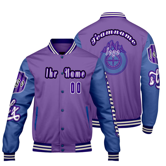 Maßgeschneiderte Lila Blau Letterman Varsity Jacket Individuelle Stickerei  Druck nach Ihrem Wunsch