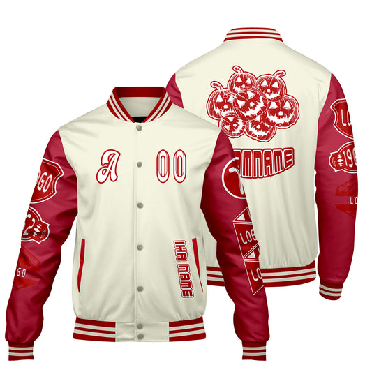 Maßgeschneiderte Weiß Rot Letterman Varsity Jacket Individuelle Stickerei  Druck nach Ihrem Wunsch