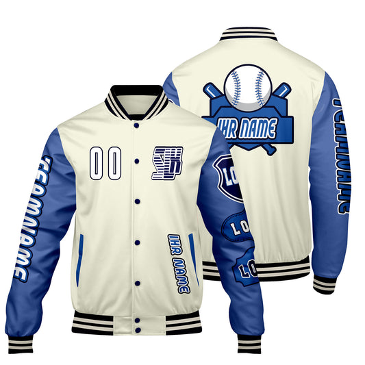 Maßgeschneiderte Weiß Blau Letterman Varsity Jacket Individuelle Stickerei  Druck nach Ihrem Wunsch