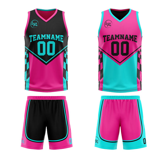 Benutzerdefinierte Schwarz Rosa Hellblau Reversible Basketball Jersey Personalisierte Print Name Nummer Logo