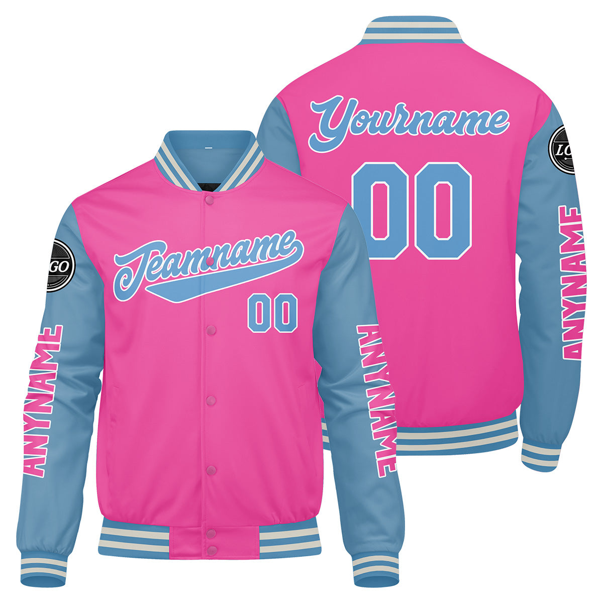 Maßgeschneiderte Rosa Hellblau Letterman Varsity Jacket Individuelle Stickerei Druck nach Ihrem Wunsch