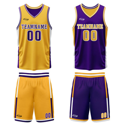 Benutzerdefinierte Gelb Lila Reversible Basketball Jersey Personalisierte Drucken Name Nummer Logo