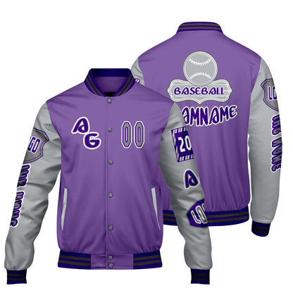 Maßgeschneiderte Lila Grau Letterman Varsity Jacket Individuelle Stickerei  Druck nach Ihrem Wunsch