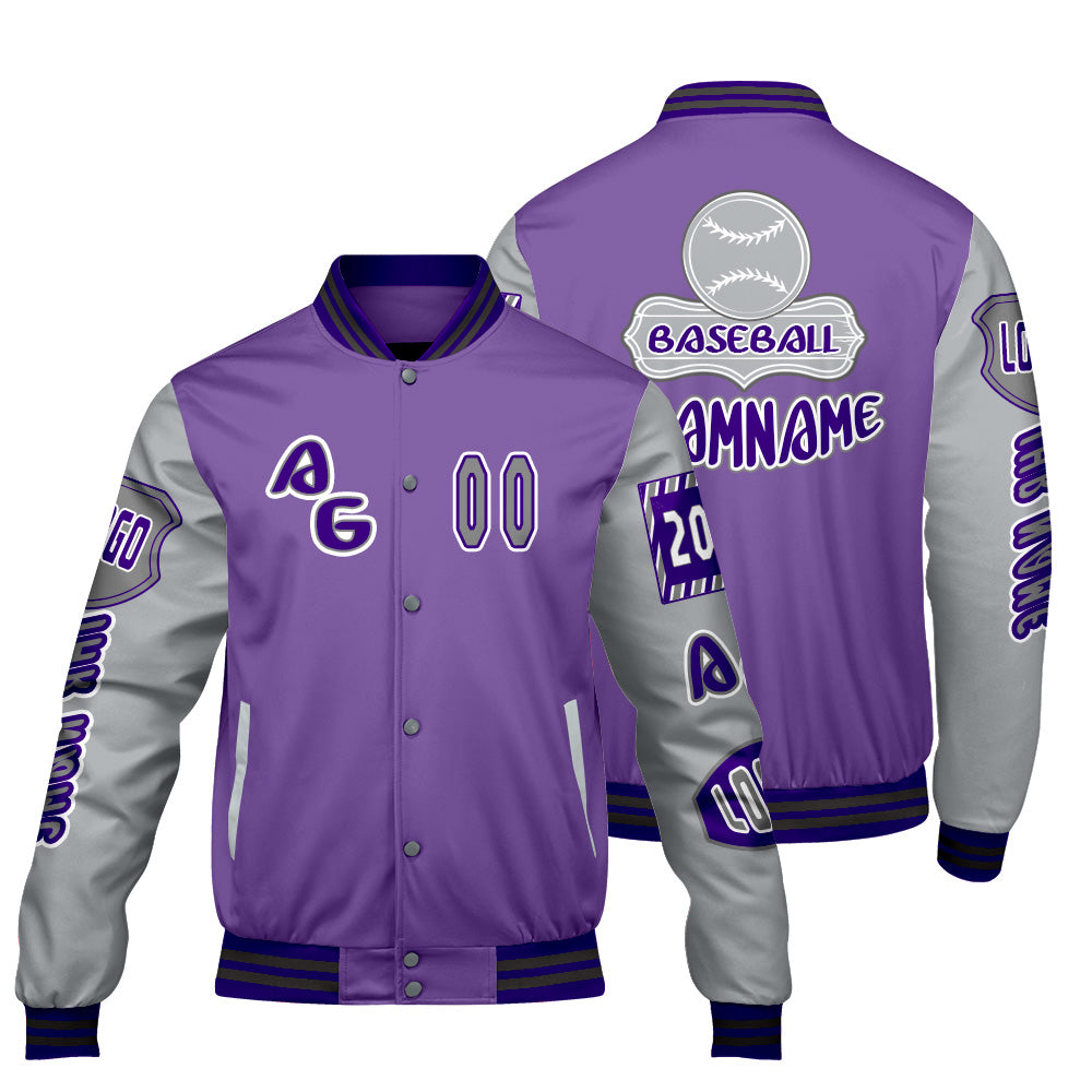 Maßgeschneiderte Lila Grau Letterman Varsity Jacket Individuelle Stickerei  Druck nach Ihrem Wunsch