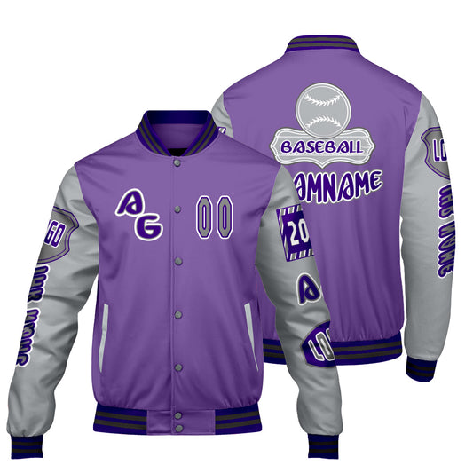 Maßgeschneiderte Lila Grau Letterman Varsity Jacket Individuelle Stickerei  Druck nach Ihrem Wunsch