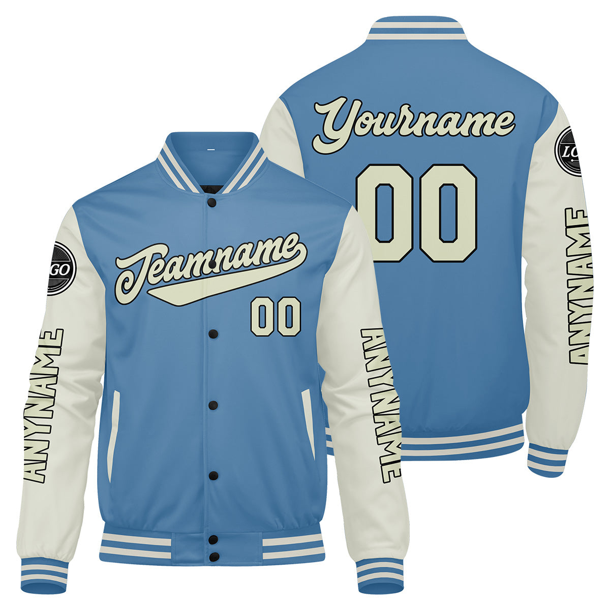 Maßgeschneiderte Hellblaue Creme Letterman Varsity Jacket Individuelle Stickerei Druck nach Ihrem Wunsch