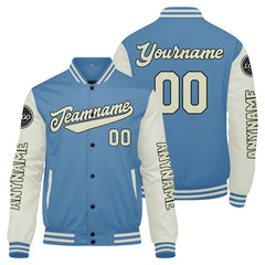 Maßgeschneiderte Hellblaue Creme Letterman Varsity Jacket Individuelle Stickerei Druck nach Ihrem Wunsch