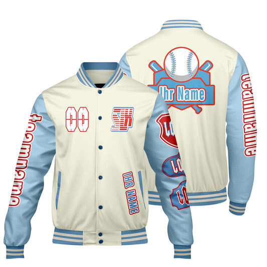 Maßgeschneiderte Weiß Blau Letterman Varsity Jacket Individuelle Stickerei  Druck nach Ihrem Wunsch