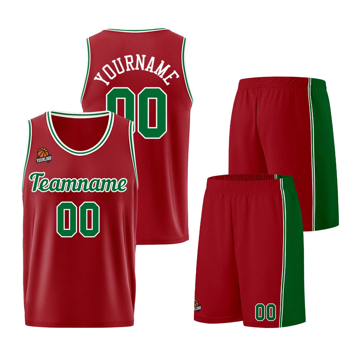 Individuelle Burgund Grün Basketball Jersey Shorts für Männer und Frauen Gestickter und gedruckter Name, Nummer und Logo