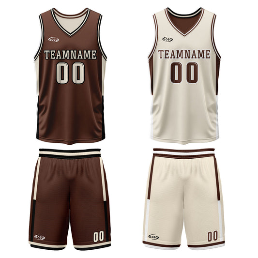 Benutzerdefinierte Braun Creme Reversible Basketball Jersey Personalisierte Drucken Name Nummer Logo