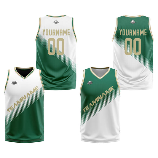 Benutzerdefinierte Weiß Grün Reversible Basketball Jersey Personalisierte Print Name Nummer Logo