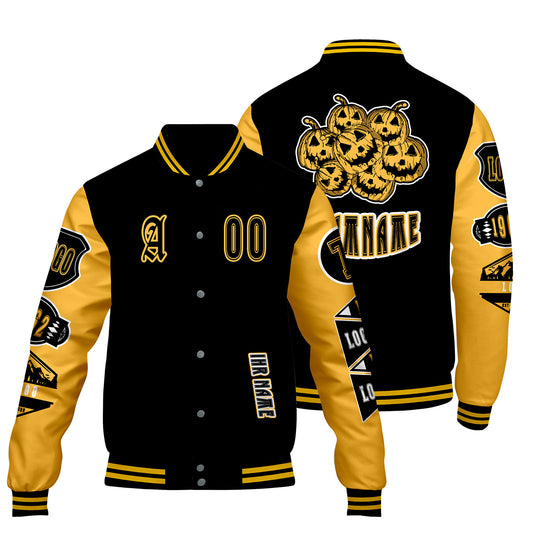 Maßgeschneiderte Schwarz Gelb Letterman Varsity Jacket Individuelle Stickerei  Druck nach Ihrem Wunsch