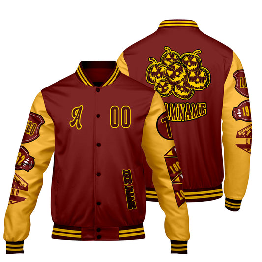 Maßgeschneiderte Burgund Gelb Letterman Varsity Jacket Individuelle Stickerei  Druck nach Ihrem Wunsch
