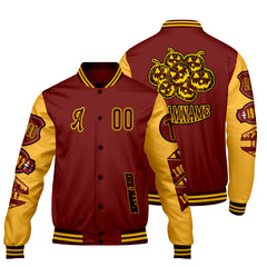 Maßgeschneiderte Burgund Gelb Letterman Varsity Jacket Individuelle Stickerei  Druck nach Ihrem Wunsch