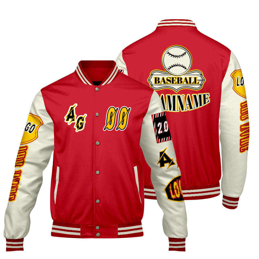 Maßgeschneiderte Rot Gelb Letterman Varsity Jacket Individuelle Stickerei  Druck nach Ihrem Wunsch
