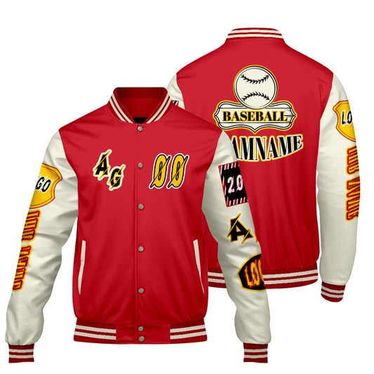 Maßgeschneiderte Rot Gelb Letterman Varsity Jacket Individuelle Stickerei  Druck nach Ihrem Wunsch