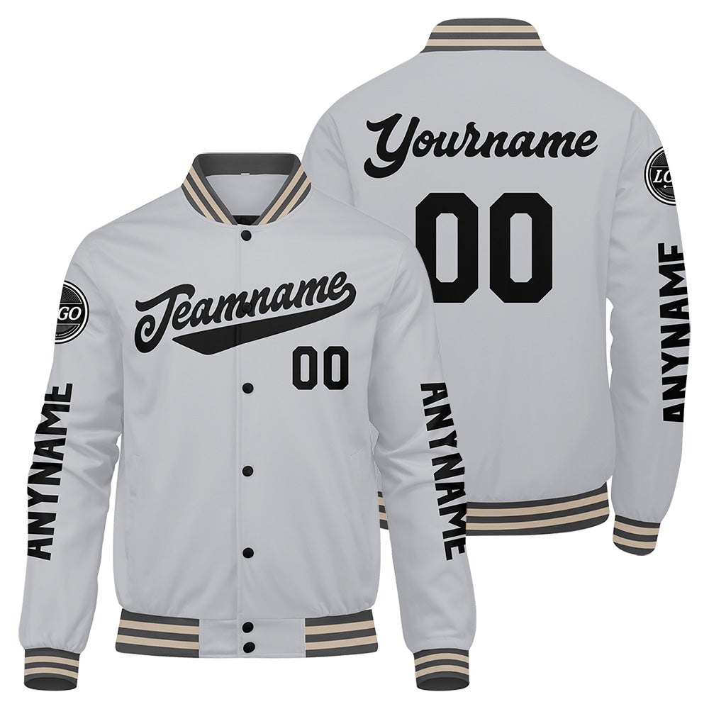 Maßgeschneiderte Grau Schwarz Letterman Varsity Jacket Individuelle Stickerei Druck nach Ihrem Wunsch