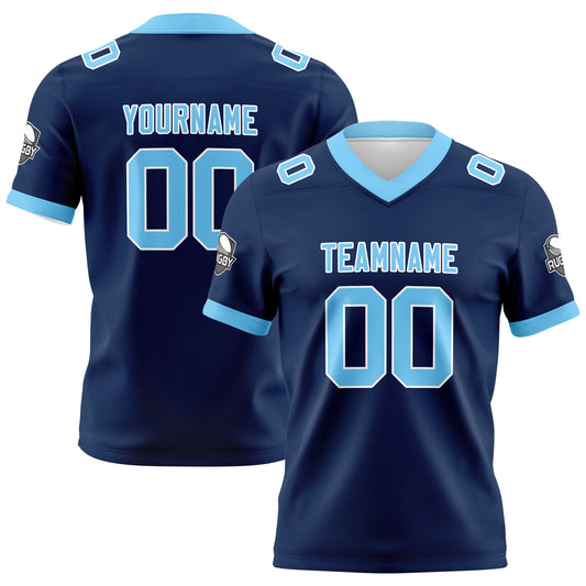 Benutzerdefinierte Marine Blau Fußball Trikots Personalisierter Name Nummer Logo