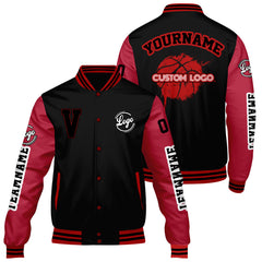 Maßgeschneiderte Schwarzes Rot Letterman Varsity Jacket Individuelle Stickerei Druck nach Ihrem Wunsch