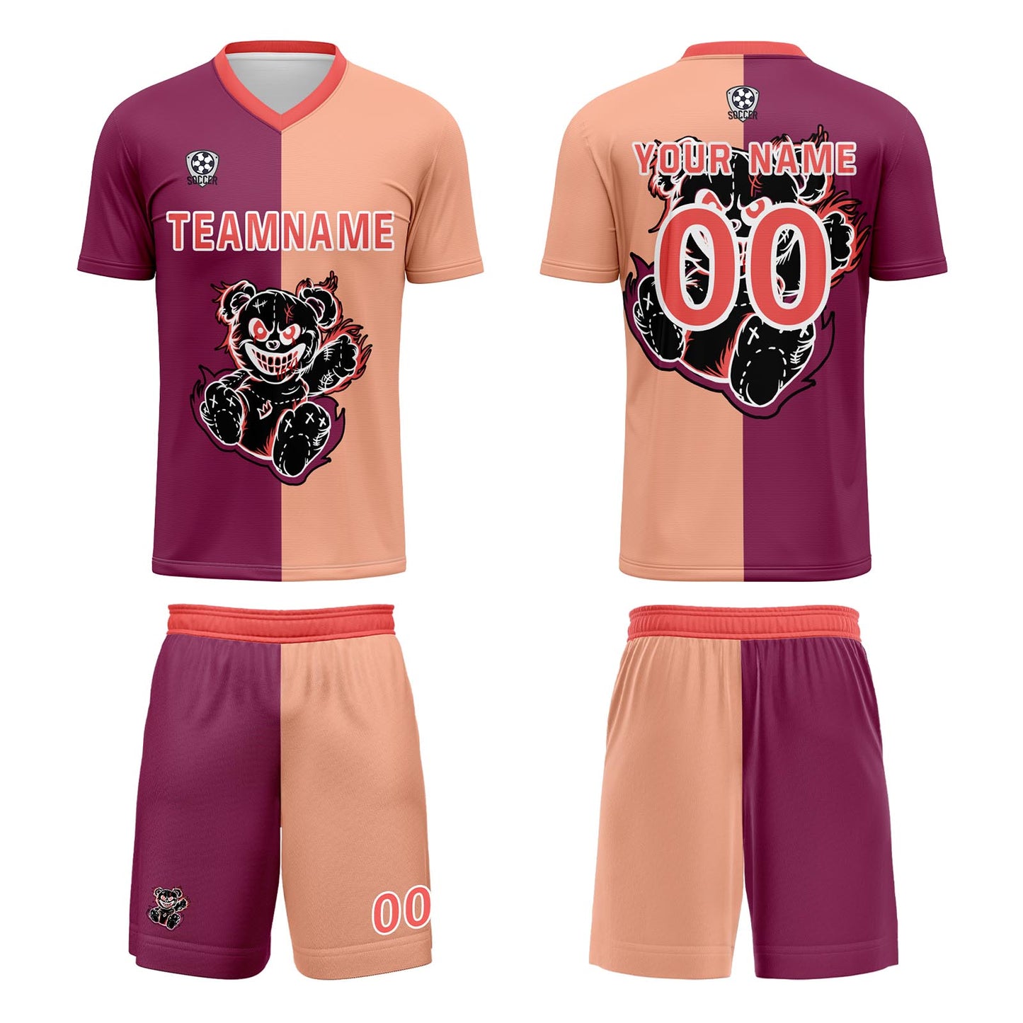 Benutzerdefinierte Fuchsia Hellbraun Fußball Trikots für Männer Frauen Personalisierte Fußball Uniformen für Erwachsene und Kind