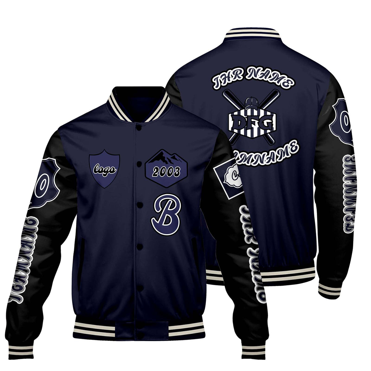 Maßgeschneiderte Marine Schwarz Letterman Varsity Jacket Individuelle Stickerei  Druck nach Ihrem Wunsch