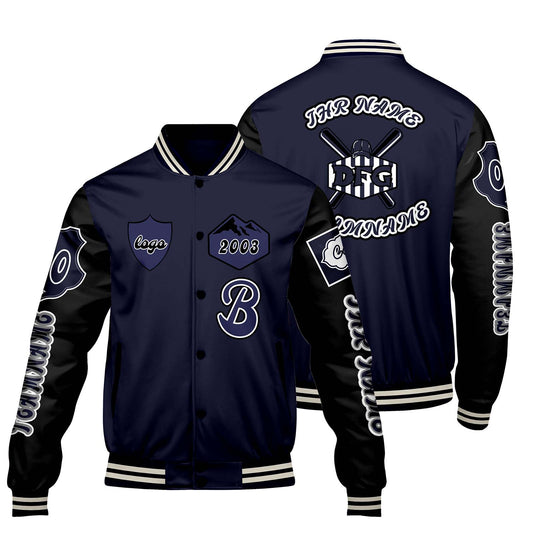 Maßgeschneiderte Marine Schwarz Letterman Varsity Jacket Individuelle Stickerei  Druck nach Ihrem Wunsch