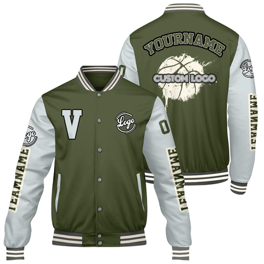 Maßgeschneiderte Olivengrün Grau Letterman Varsity Jacket Individuelle Stickerei Druck nach Ihrem Wunsch