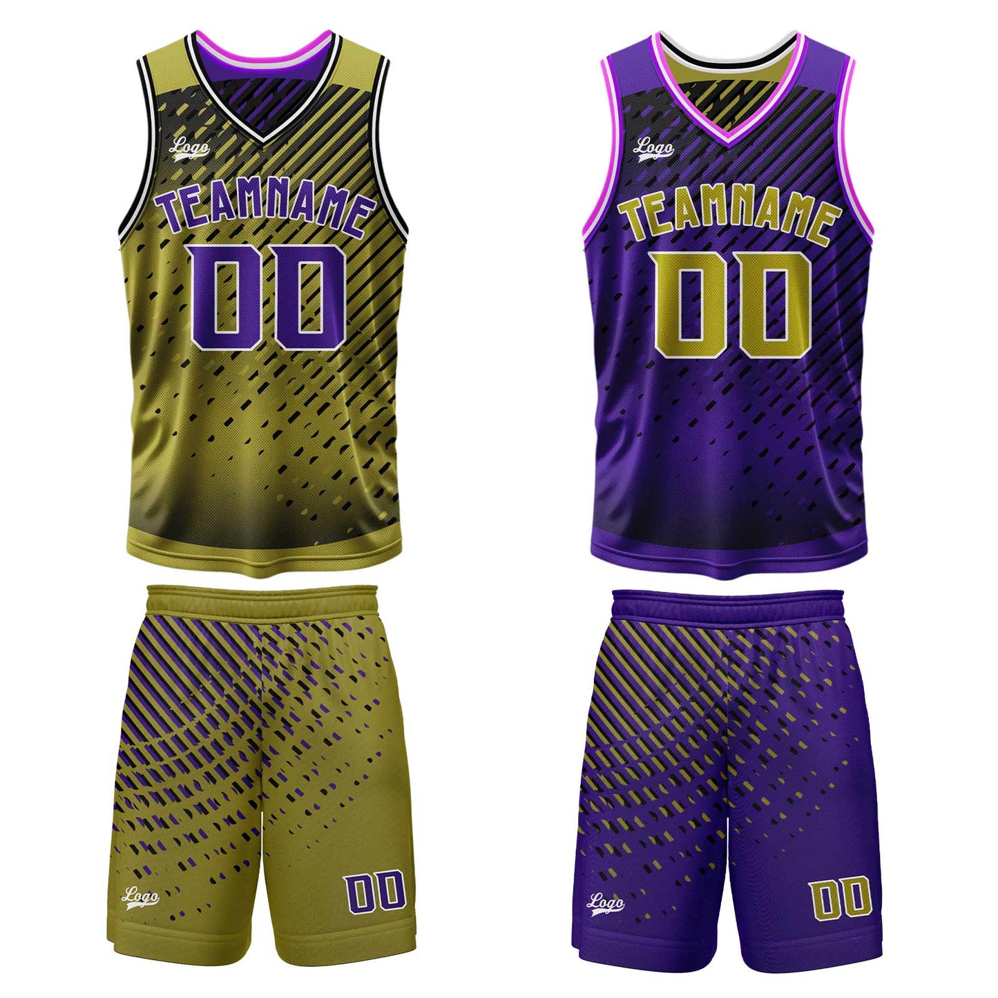 Benutzerdefinierte Gold Lila Reversible Basketball Jersey Personalisierte Print Name Nummer Logo