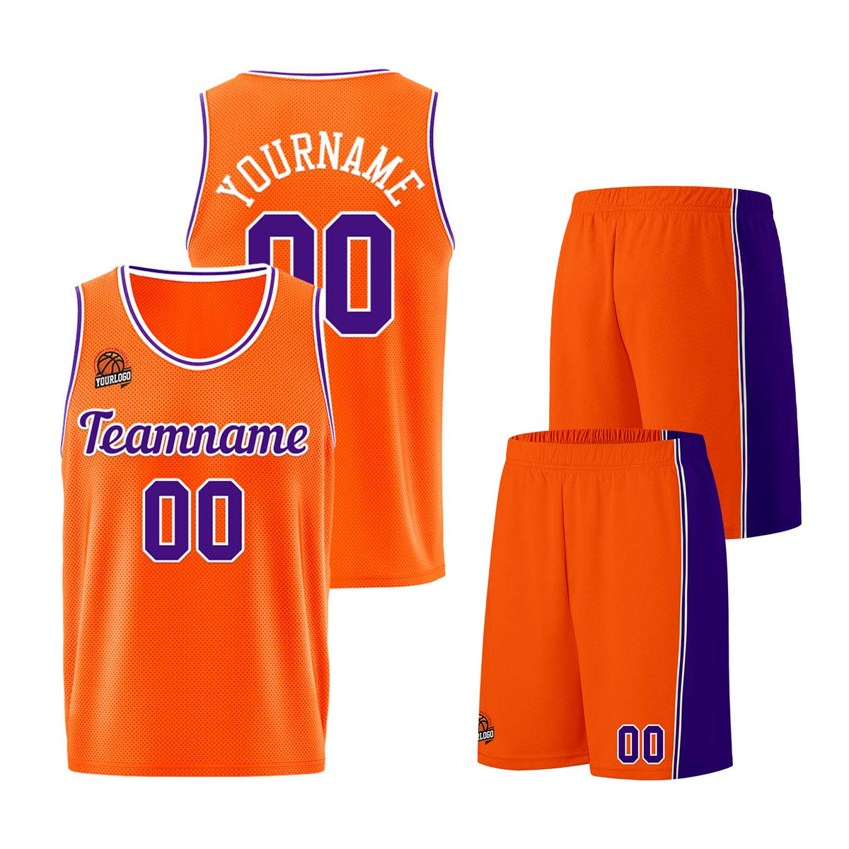 Individuelle Orange-Lila Basketball Jersey Shorts für Männer und Frauen Gestickter und gedruckter Name, Nummer und Logo