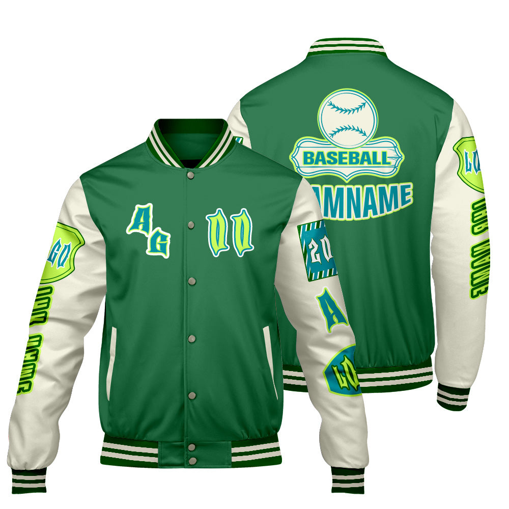 Maßgeschneiderte Grün Cyan Letterman Varsity Jacket Individuelle Stickerei  Druck nach Ihrem Wunsch