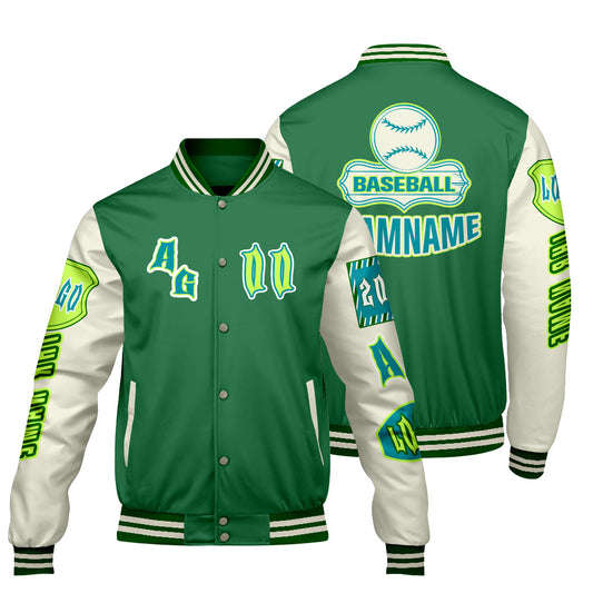 Maßgeschneiderte Grün Cyan Letterman Varsity Jacket Individuelle Stickerei  Druck nach Ihrem Wunsch