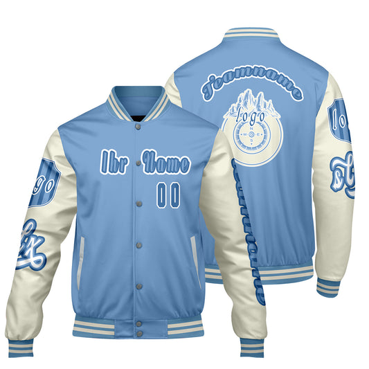 Maßgeschneiderte Blau Weiß Letterman Varsity Jacket Individuelle Stickerei  Druck nach Ihrem Wunsch