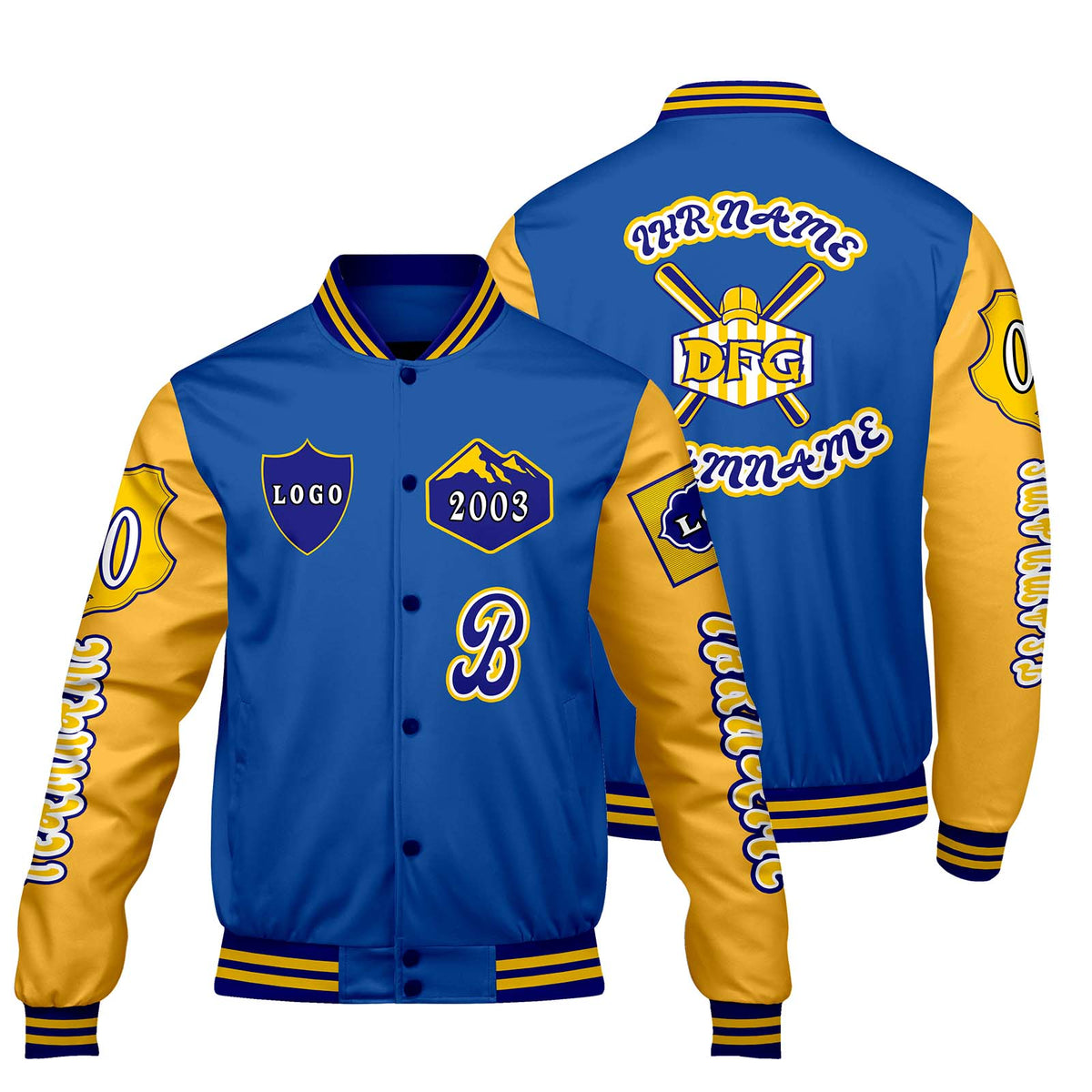 Maßgeschneiderte Blau Gelb Letterman Varsity Jacket Individuelle Stickerei  Druck nach Ihrem Wunsch
