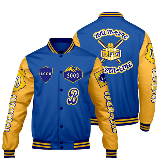 Maßgeschneiderte Blau Gelb Letterman Varsity Jacket Individuelle Stickerei  Druck nach Ihrem Wunsch