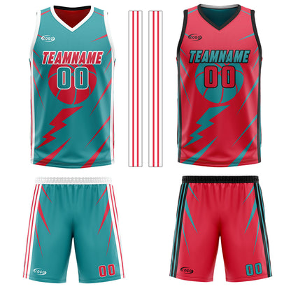 Benutzerdefinierte Cyan Rot Reversible Basketball Jersey Personalisierte Drucken Name Nummer Logo