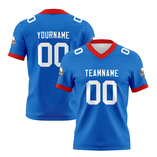 Benutzerdefinierte Blau Weiß Fußball Trikots Personalisierter Name Nummer Logo