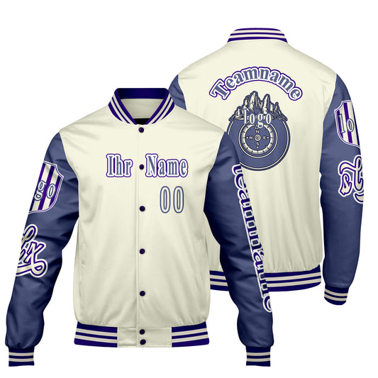 Maßgeschneiderte Weiß Lila Letterman Varsity Jacket Individuelle Stickerei  Druck nach Ihrem Wunsch