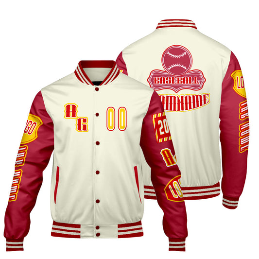 Maßgeschneiderte Rot Gelb Letterman Varsity Jacket Individuelle Stickerei  Druck nach Ihrem Wunsch