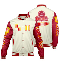 Maßgeschneiderte Rot Gelb Letterman Varsity Jacket Individuelle Stickerei  Druck nach Ihrem Wunsch