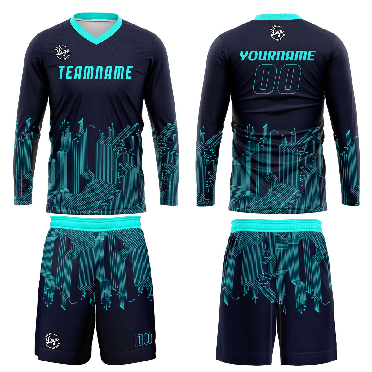 Kundenspezifisches Dunkelblau Cyan Basketball Fußball Schießen langes T-Shirt für Erwachsene und Kinder