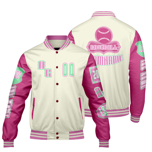Maßgeschneiderte Rosa Grün Letterman Varsity Jacket Individuelle Stickerei  Druck nach Ihrem Wunsch