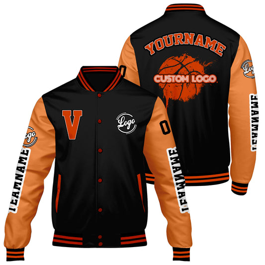 Maßgeschneiderte Schwarzes Orange Letterman Varsity Jacket Individuelle Stickerei Druck nach Ihrem Wunsch