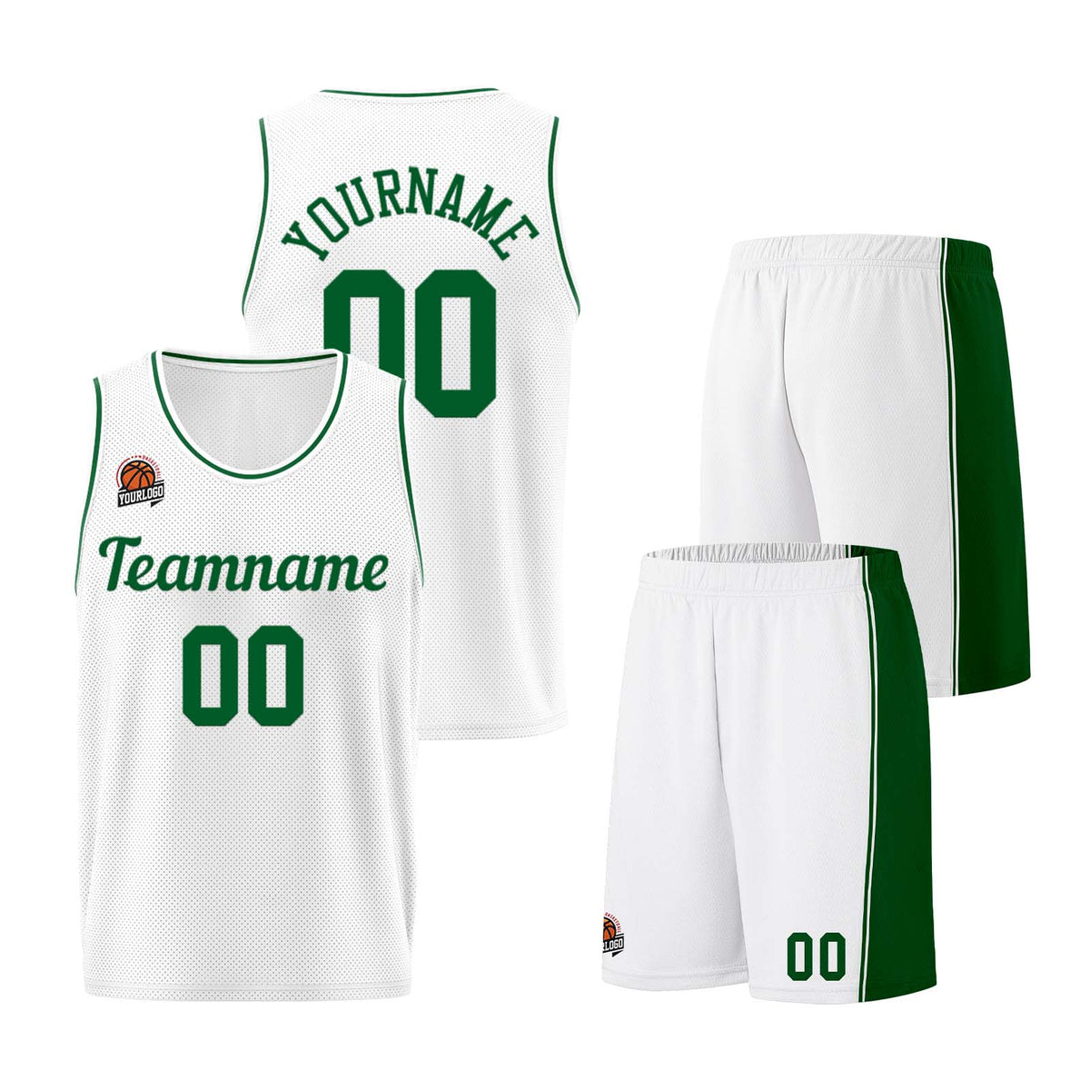 Individuelle Weiß-Grün Basketball Jersey Shorts für Männer und Frauen Gestickter und gedruckter Name, Nummer und Logo