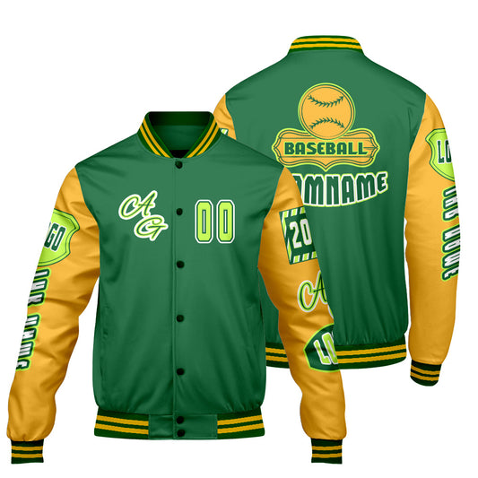 Maßgeschneiderte Grün Gelb Letterman Varsity Jacket Individuelle Stickerei  Druck nach Ihrem Wunsch