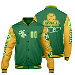 Maßgeschneiderte Grün Gelb Letterman Varsity Jacket Individuelle Stickerei  Druck nach Ihrem Wunsch