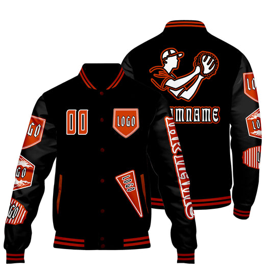 Maßgeschneiderte Schwarz Letterman Varsity Jacket Individuelle Stickerei  Druck nach Ihrem Wunsch
