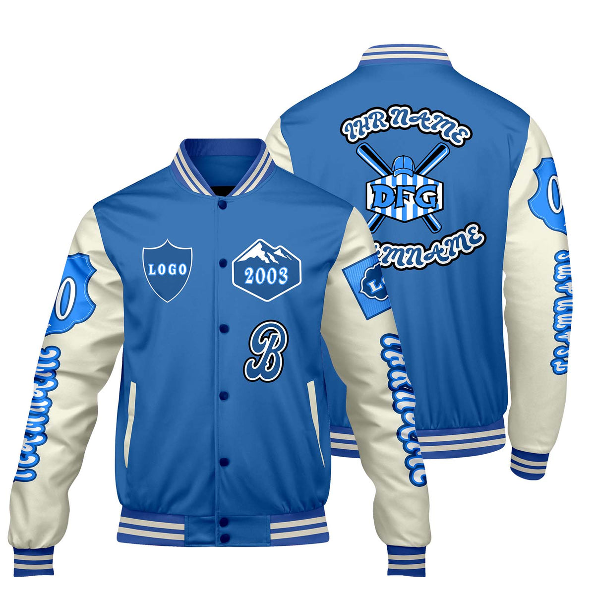 Maßgeschneiderte Blau Weiß Letterman Varsity Jacket Individuelle Stickerei  Druck nach Ihrem Wunsch