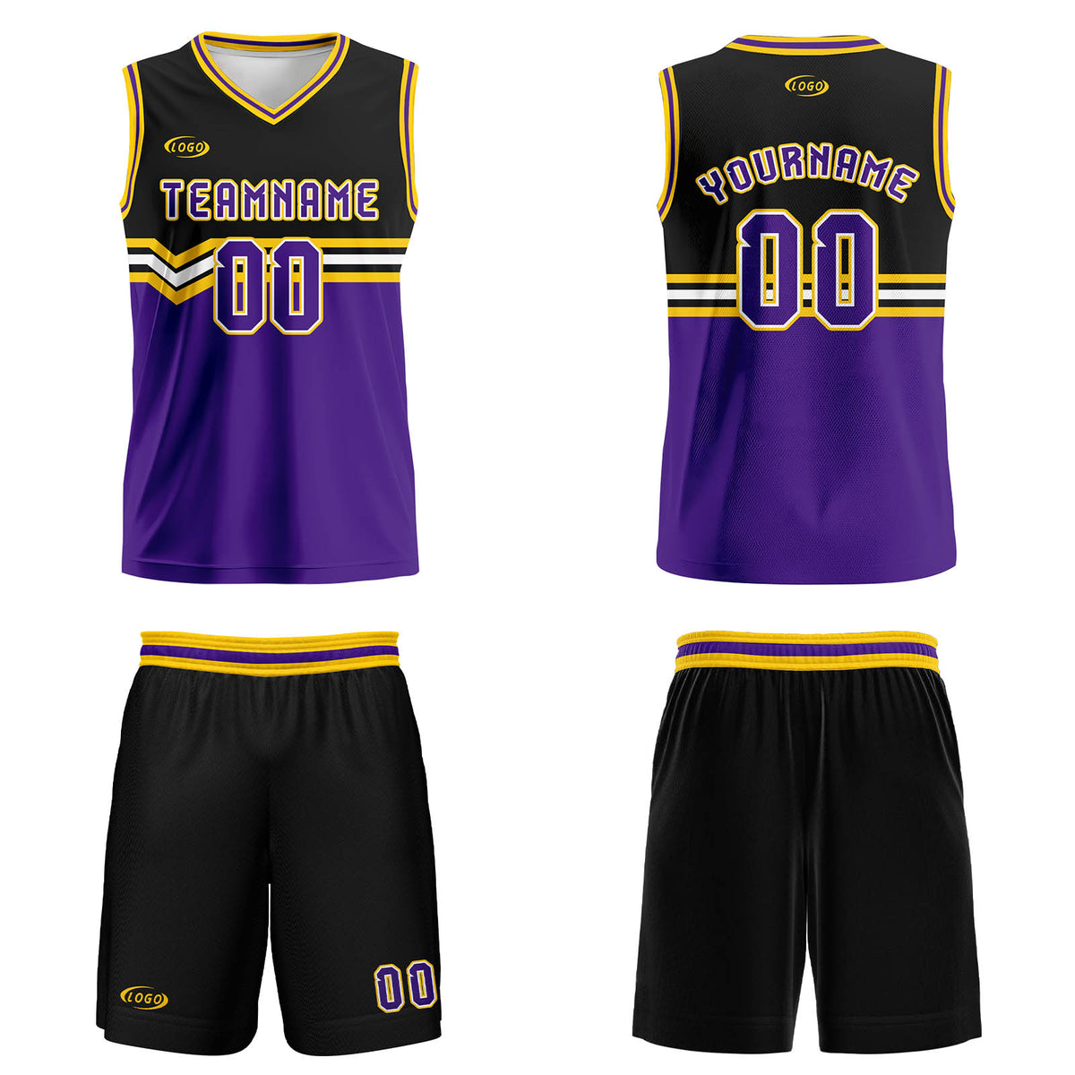 Benutzerdefinierter Schwarz Lila Gelb Weiß Basketball Jersey Uniform Anzug gedruckt Ihr Logo Name Nummer