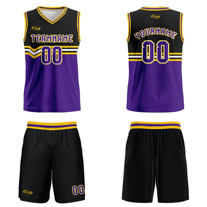 Benutzerdefinierter Schwarz Lila Gelb Weiß Basketball Jersey Uniform Anzug gedruckt Ihr Logo Name Nummer