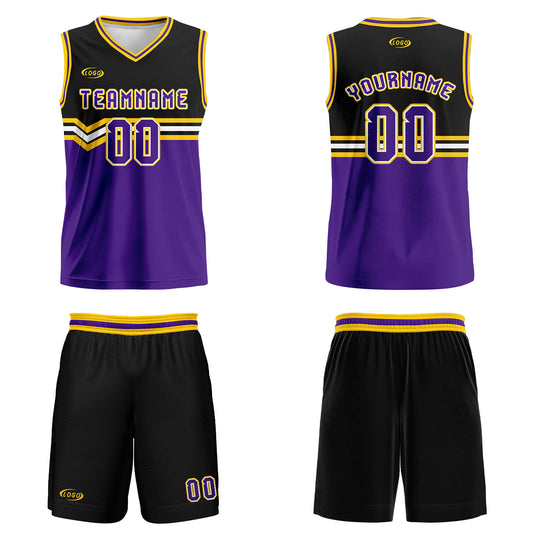 Benutzerdefinierter Schwarz Lila Gelb Weiß Basketball Jersey Uniform Anzug gedruckt Ihr Logo Name Nummer